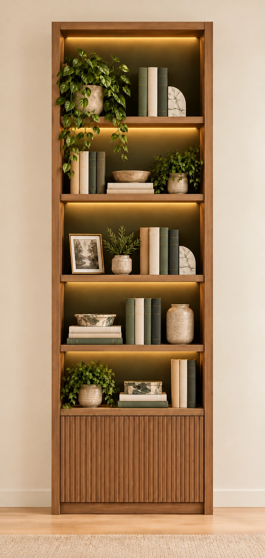 A naturally proportioned single wooden bookcase with books, photographs and greenery